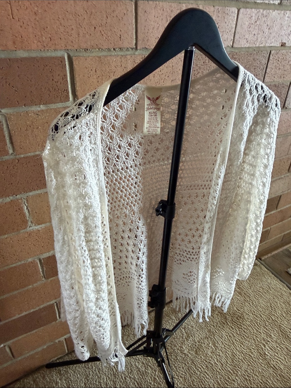 Faded Glory White Open-Knit Fringe Crochet Cardigan - Picture 3 of 4